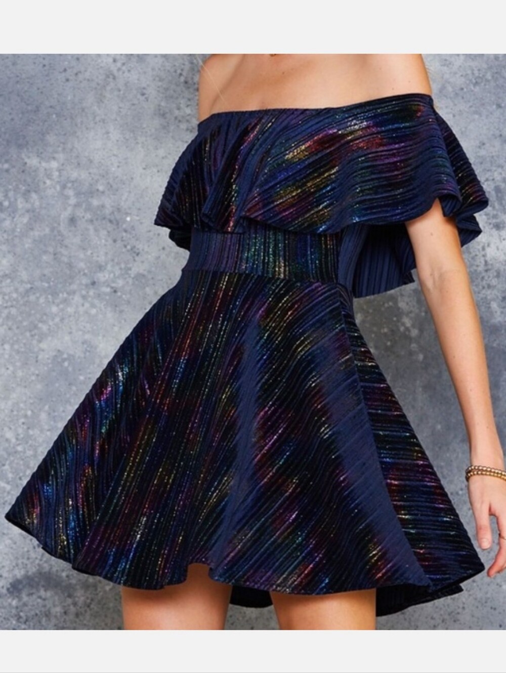 Blackmilk Sparkly Rainbow Pleats Navy Velvet Foil Off the Shoulder Dress XL